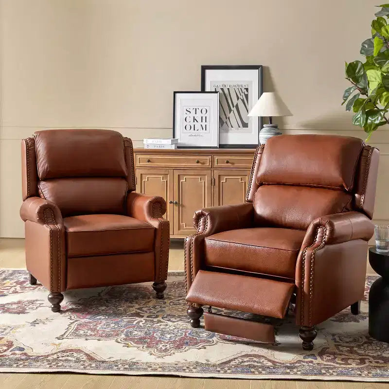 2er-Set Elisabete Modern Wingback Echtleder-Liegesessel mit Vintage-Nagelkopfleiste für Wohn- und Schlafzimmer | ART OF LIVING DESIGNS