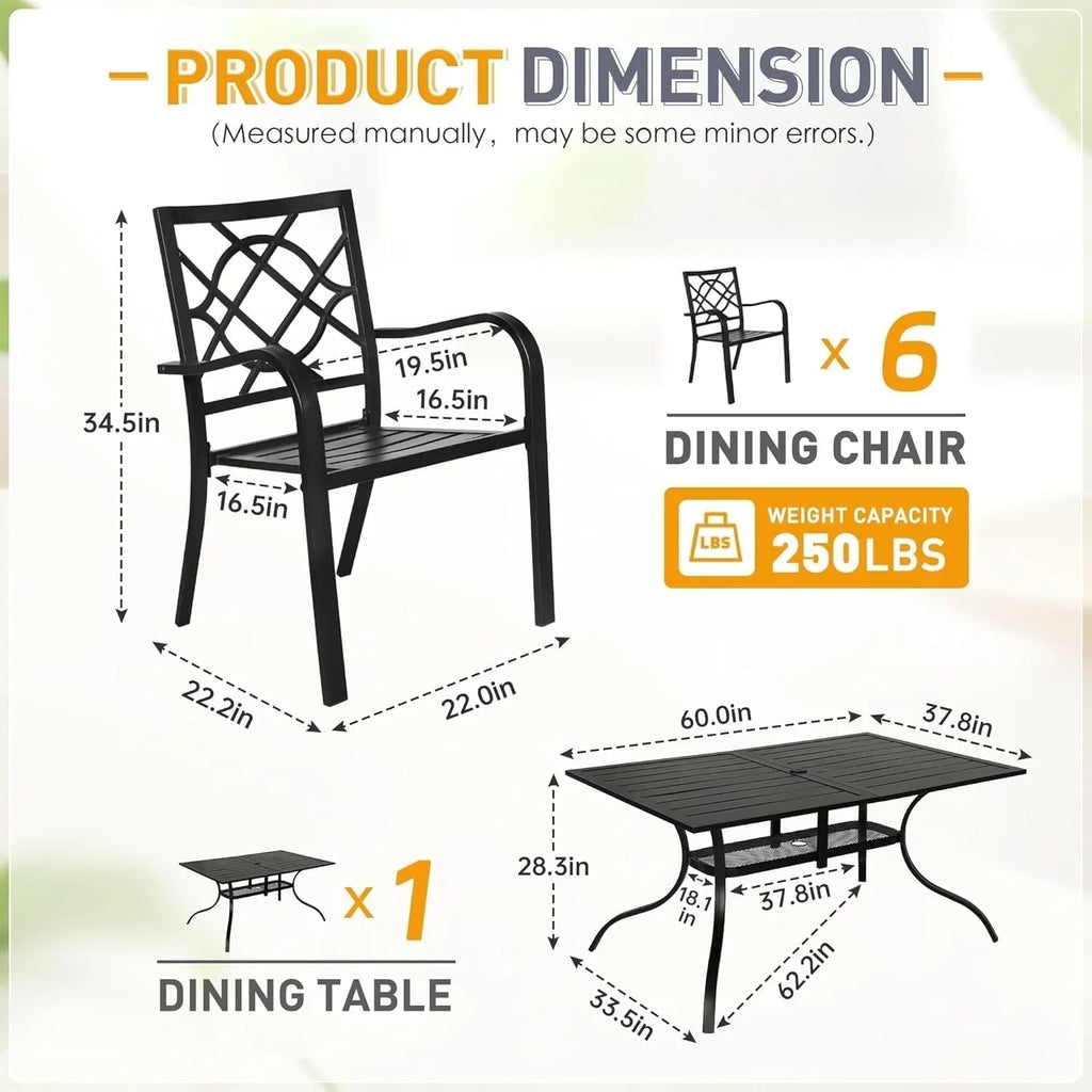 SUNCROWN Garten-Essgruppe 5/7-teilig, Stahl, Tisch mit Metalllatten und stapelbaren Stühlen, pulverbeschichteter Rahmen