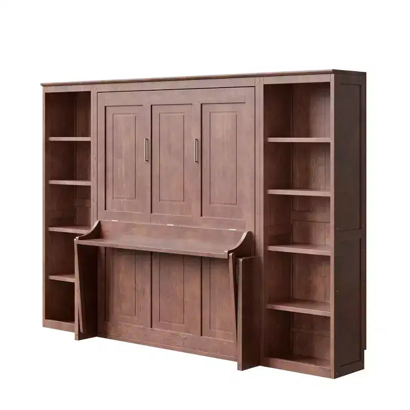 Wandklappbett für Doppel-/Queensize-Betten, platzsparendes Wandbett mit Schreibtisch und Bücherregal, Dunkelbraun – ModernLuxe