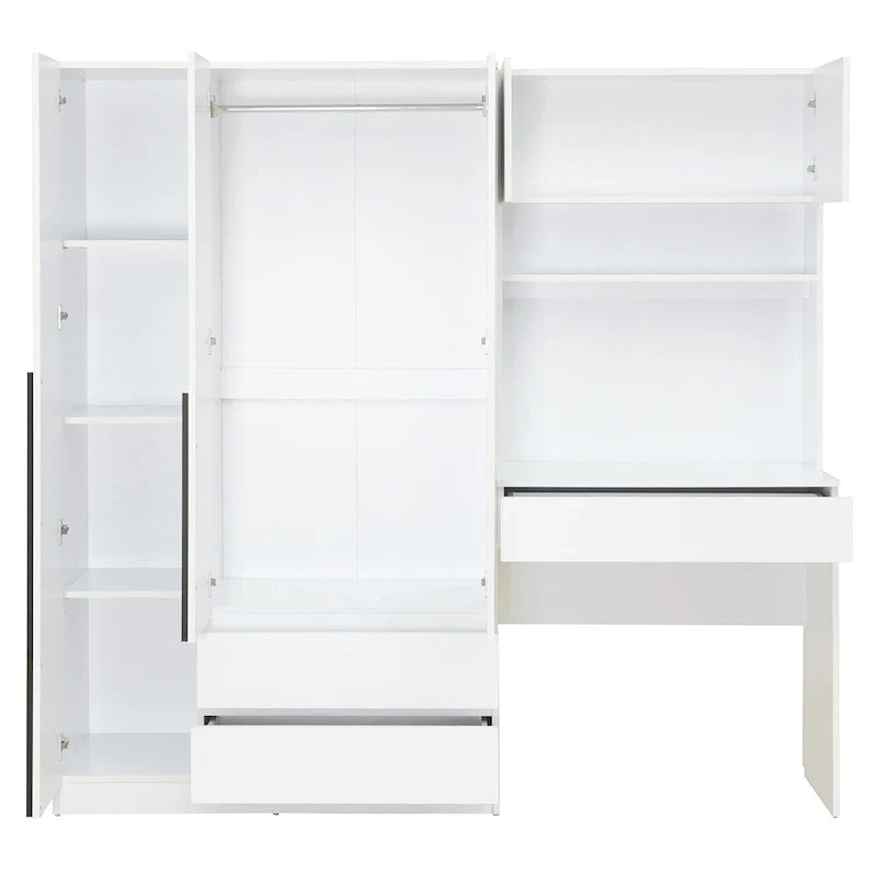 3-in-1 Kleiderschrank mit Schminktisch, Schreibtisch-Set, Schlafzimmer-Schrank mit 2 Schubladen, 3-türiger Aufbewahrungsschrank mit Schreibtisch