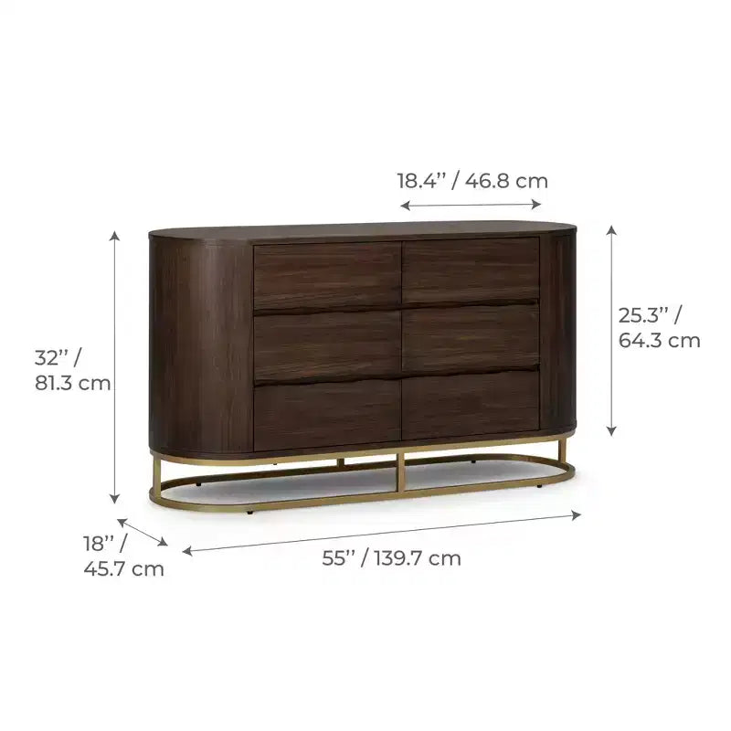 Moderne Kommode mit 6 Schubladen, Baumkanten-Design, Metallgestell und langlebiger Massivholzkonstruktion