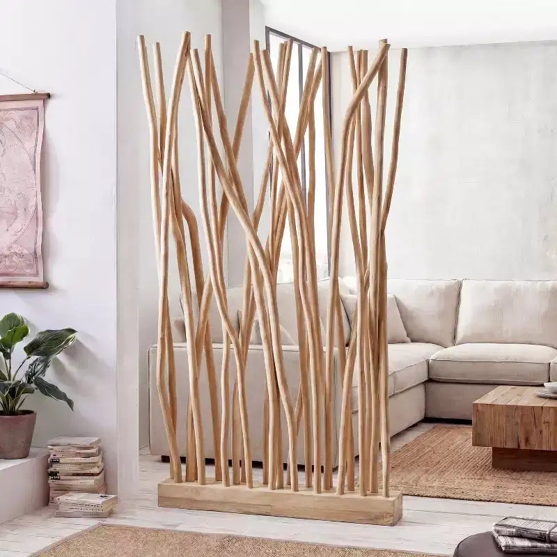JONATHAN Y Tranquil 39W x 68H Raumteiler aus handgefertigten Teakholzästen im Bohemian Coastal Stil mit einem Paneel