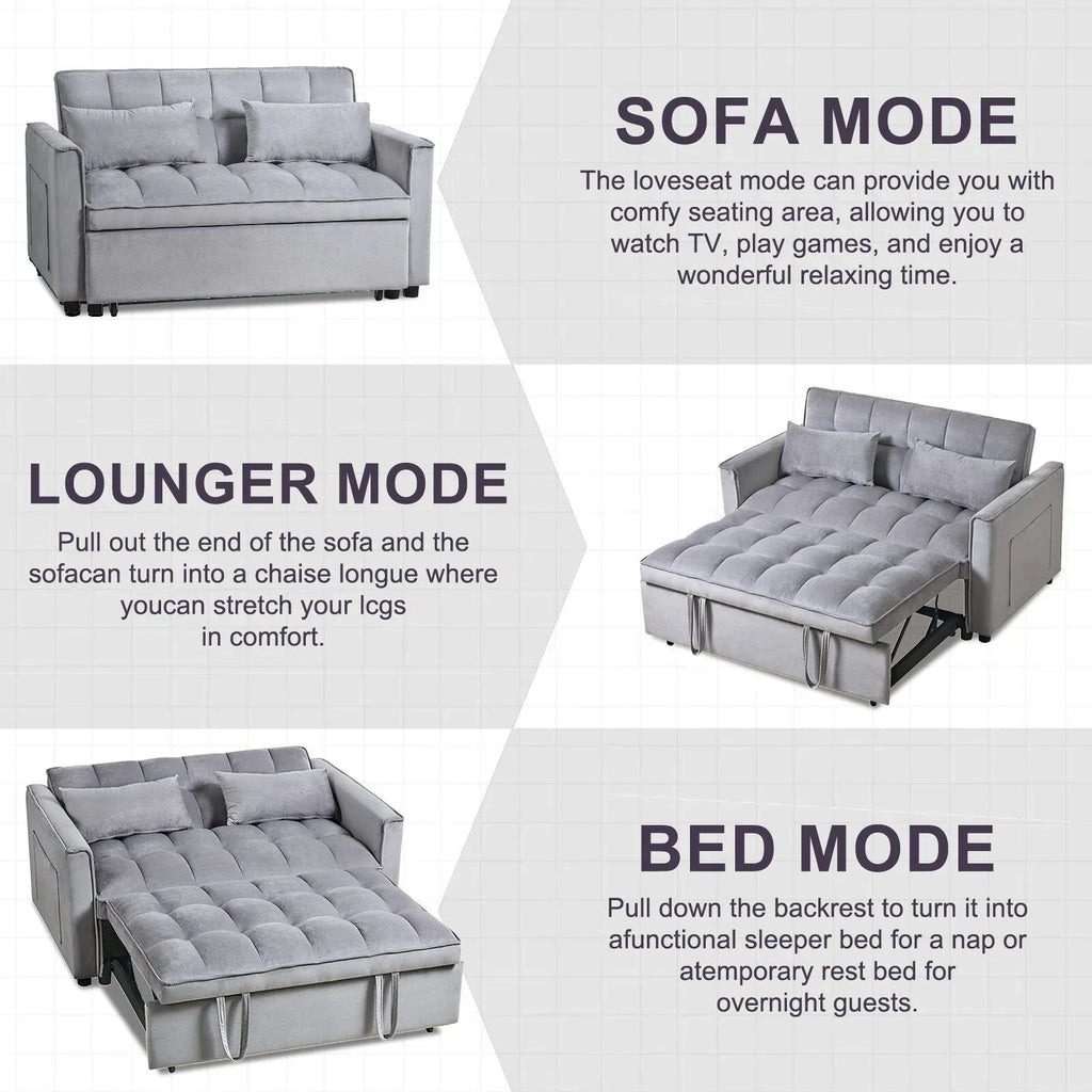 Modernes Schlafsofa zum Ausziehen, 3-in-1 Schlafsofa mit verstellbarer Rückenlehne, Samt-Zweisitzer, Kissen & Seitentaschen