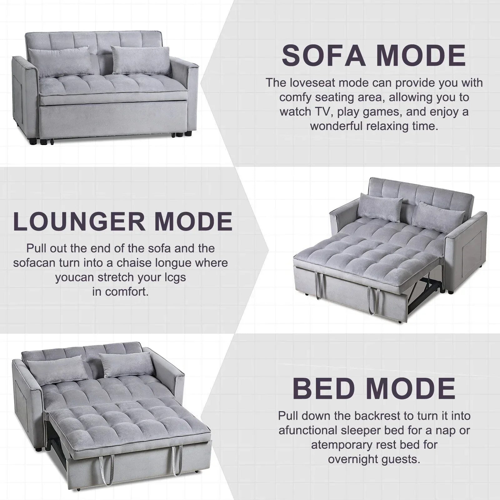 Modernes Schlafsofa zum Ausziehen, 3-in-1 Schlafsofa mit verstellbarer Rückenlehne, Samt-Zweisitzer, Kissen & Seitentaschen