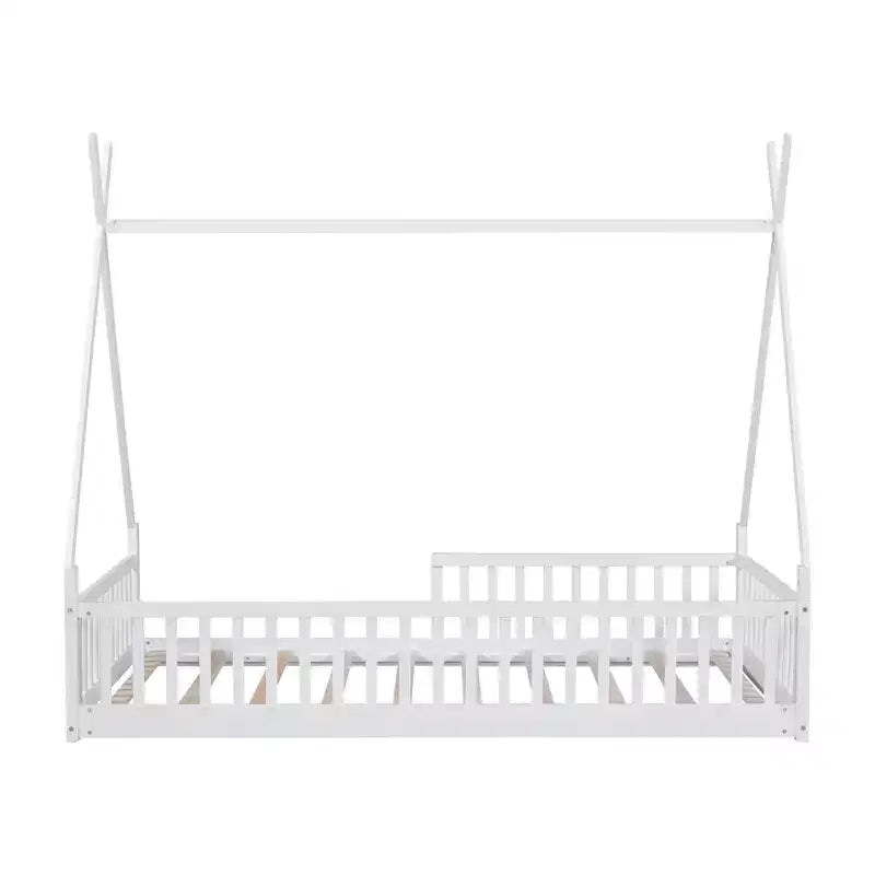 Bodenbett für Kinder, Zeltbetten in Doppelbettgröße, Montessori-Bodenbett mit Lattenrost und Zaungeländer, Holz-Hausbettgestell für Jungen und Mädchen