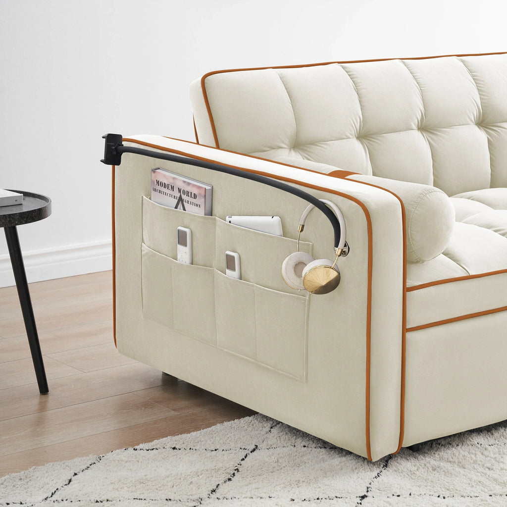 Samt-Schlafsofa zum Umbauen, 140 cm, 2-Sitzer, mit Ausziehbett, verstellbarer Rückenlehne, Seitentaschen und Handyhalterung