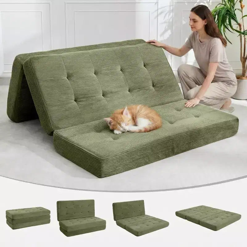 SunnyFurn 6 Zoll Dreifach-Klappmatratze Schlafsofa, 75x54,3 Schaumstoff-Gästebett mit getuftetem Cordbezug, tragbar für Camping, Wohnzimmer, Schlafzimmer