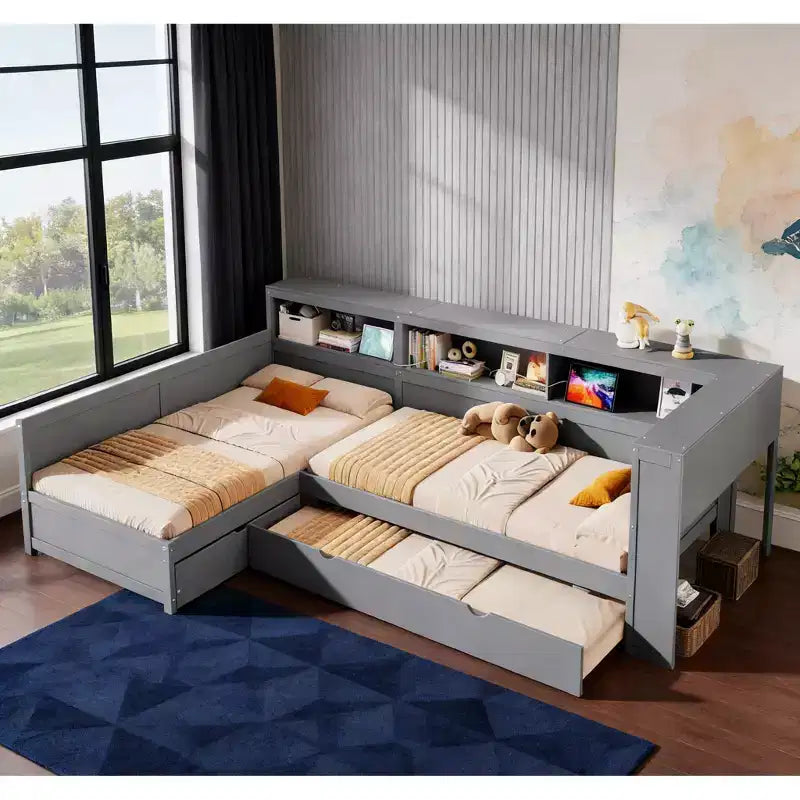 L-förmiges Plattformbett in Twin-Größe mit Rollbett und Ladestation, Holzbettgestell mit Bücherregal
