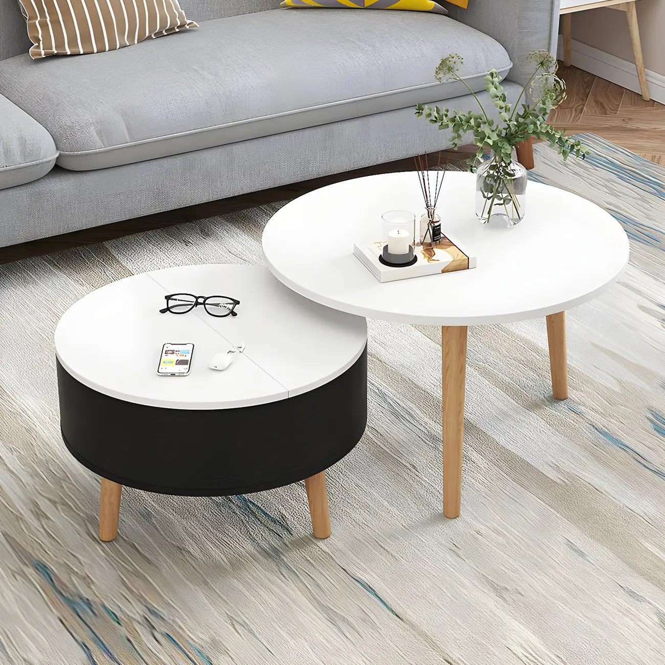 Schwarz Weiß Moderner Runder Couchtisch aus Holz mit Stauraum