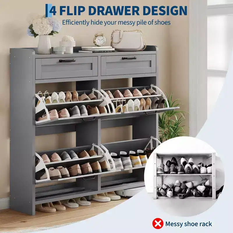 Schuhschrank mit 4 Klappfächern und 2 oberen Schubladen, Schuh-Organizer-Schrank aus Holz mit verstellbarem Regal, freistehende Schuhaufbewahrungsschränke