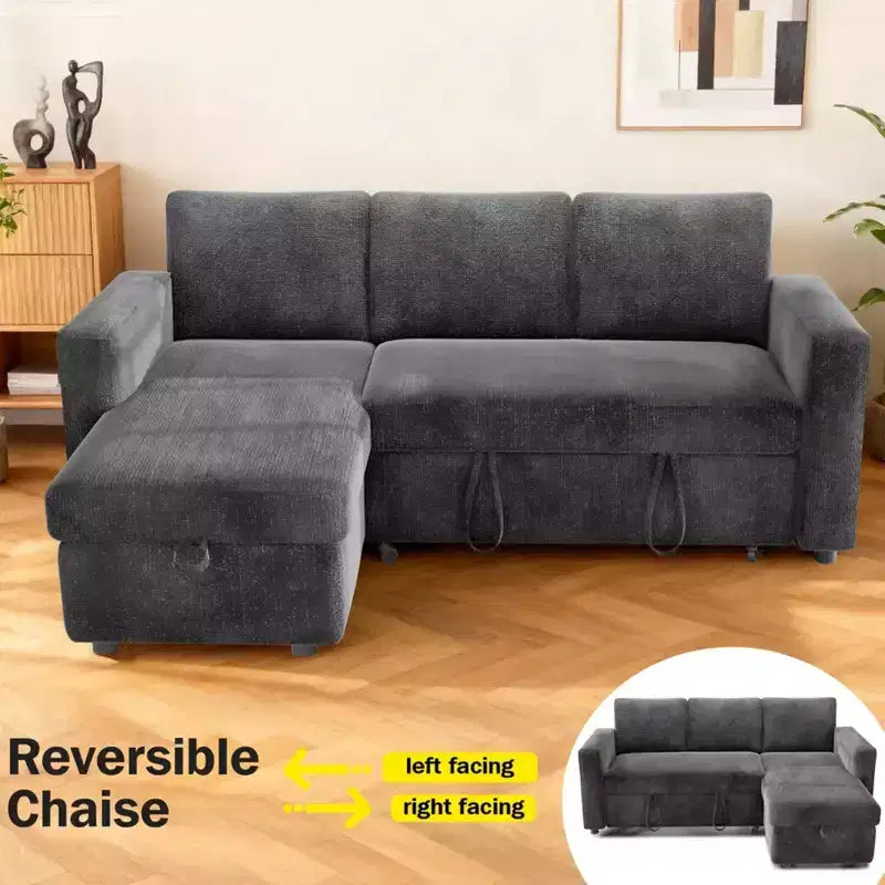 2-in-1 Schlafsofa zum Ausziehen mit Stauraum-Recamiere, Chenille-Ecksofa mit USB-Anschlüssen für das Wohnzimmer