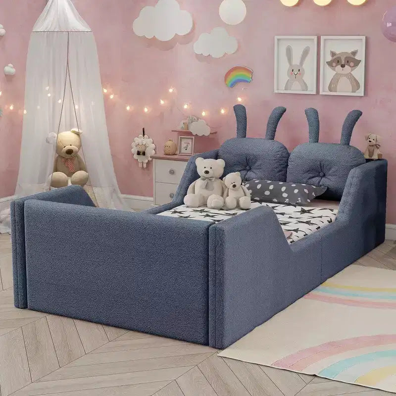 Whisen Twin Plattformbett, Kinder-Bodenpolsterbettgestell mit Hasenkissen, abnehmbare Seitengitter