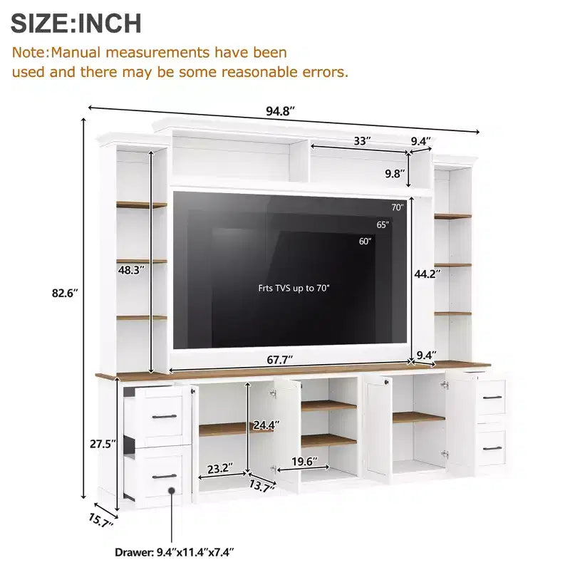 ModernLuxe 4-in-1 Bauernhaus Unterhaltungszentrum Wandregal, passend für Fernseher bis 70 Zoll, TV-Ständer Medienkonsole mit verstellbaren Regalen und Schubladen