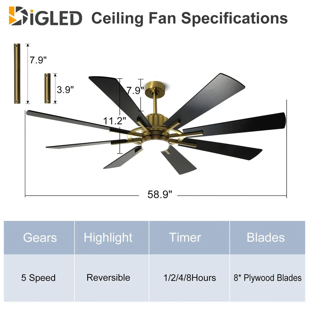 Deckenventilator mit Beleuchtung, Fernbedienung, groß, 8 Holzflügel