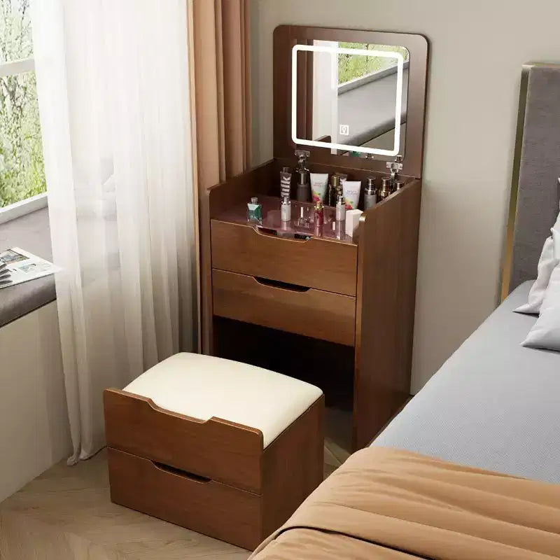 Okak 3-in-1 Schminktisch mit Klappspiegel, kompakter Waschtisch mit sichtbarer Glasplatte und gepolstertem Hocker, Schminktisch für das Schlafzimmer