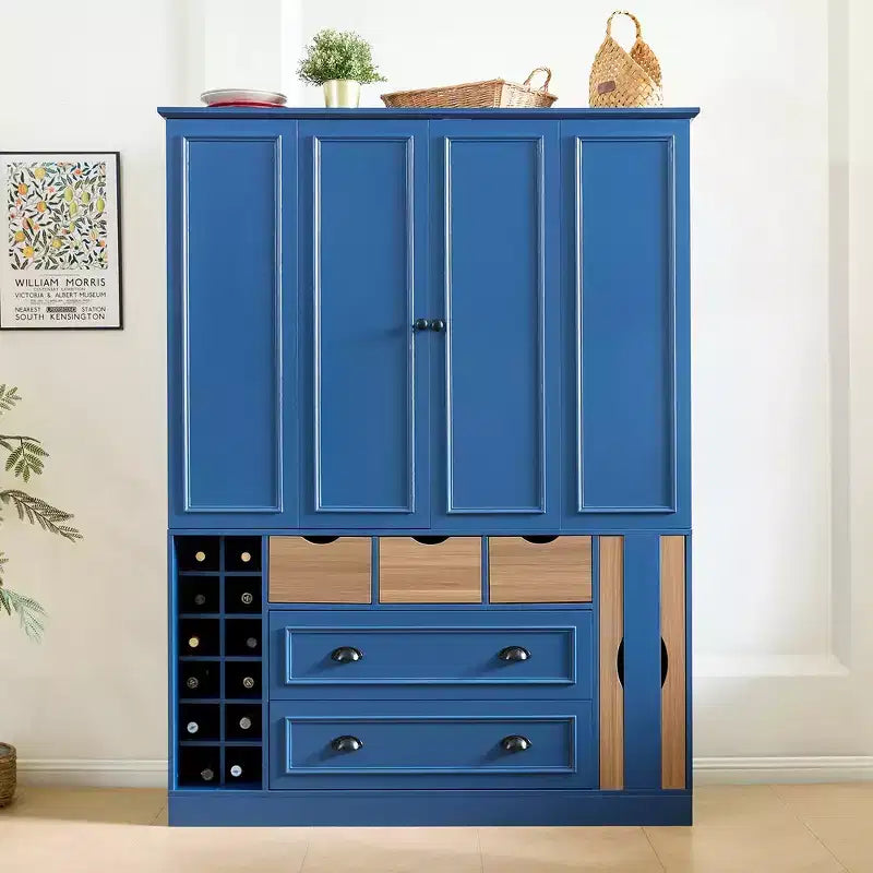 Whisen 180 cm hohe freistehende Küchenpantry, großer Esszimmer-Vorrratsschrank, Anrichte mit 4 faltbaren Türen, Einlegeböden, Weinregalen