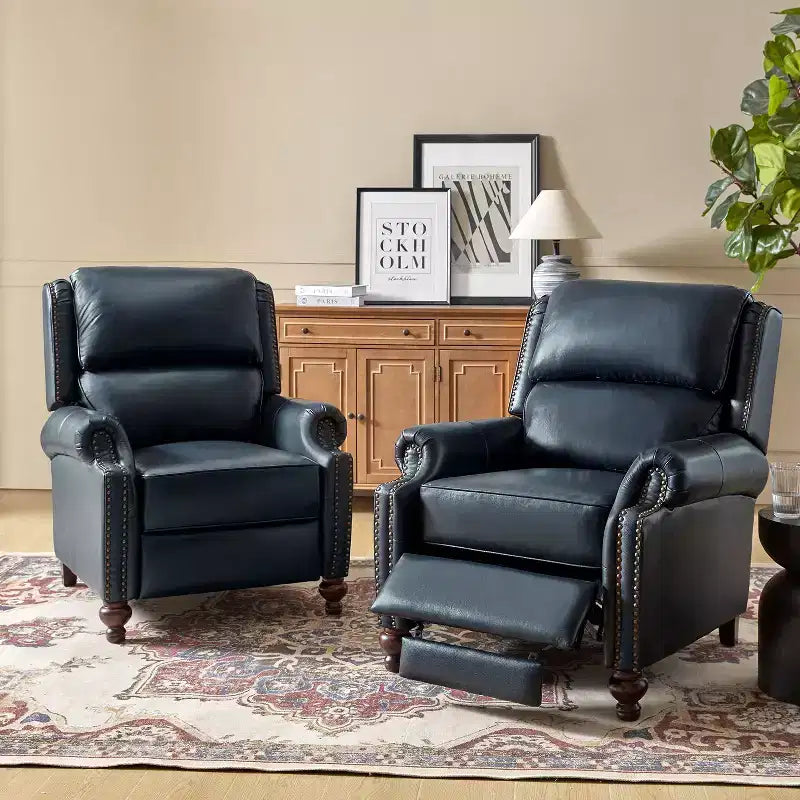 2er-Set Elisabete Modern Wingback Echtleder-Liegesessel mit Vintage-Nagelkopfleiste für Wohn- und Schlafzimmer | ART OF LIVING DESIGNS