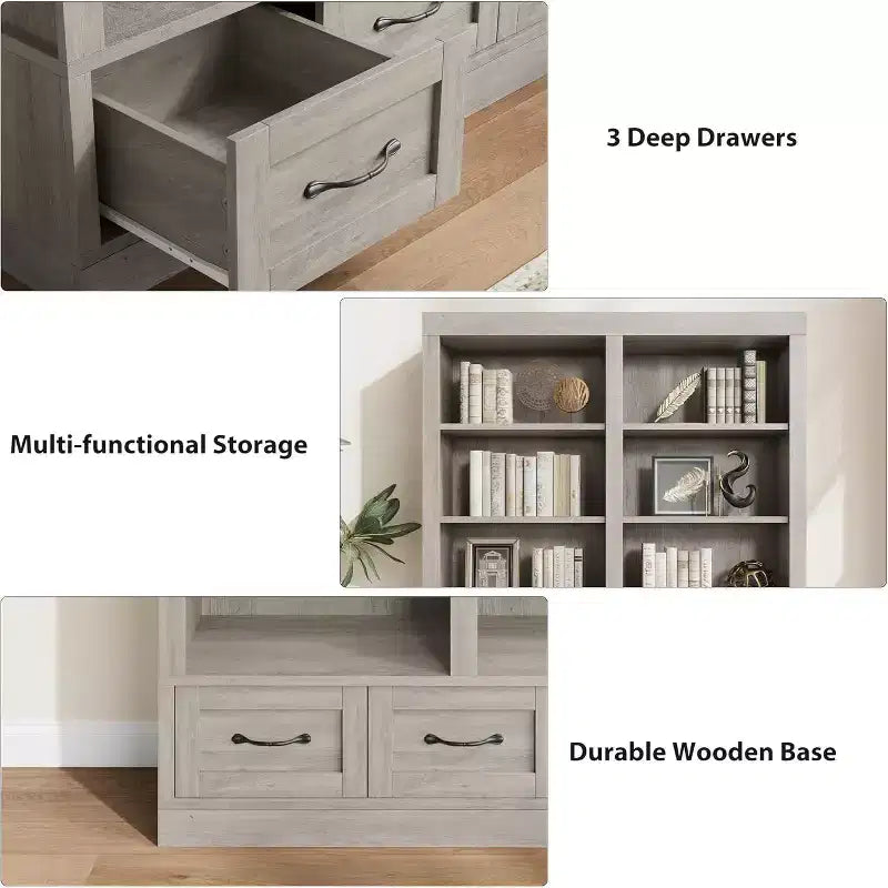 64 H Bücherregale und Bücherschränke, Bücherregal mit 3 Schubladen, 4-lagiges doppelt breites offenes Regal für Büro Wohnzimmer