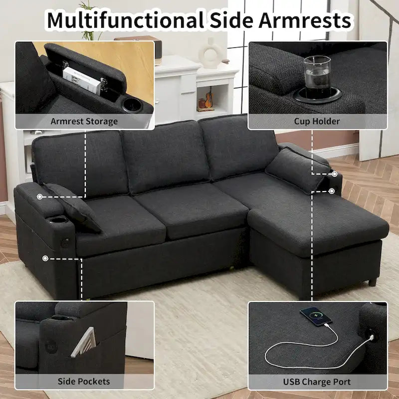 80 L-förmiges Schlafsofa, Sofabett mit Ausziehbett, umwandelbares Schlafsofa