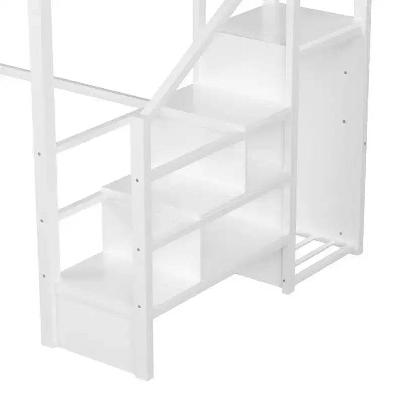 ModernLuxe Hochbett für Full/Queen-Betten mit Treppe und integriertem Kleiderschrank, Metallbettgestell mit LED-Beleuchtung, USB-Ladestation und Ablagefächern
