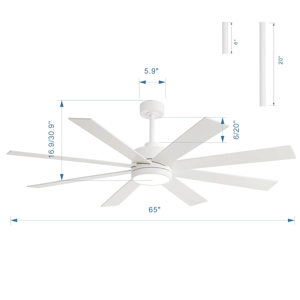 65-Zoll-LED-Deckenventilator mit 8 Flügeln, Licht und Fernbedienung, Schwarz