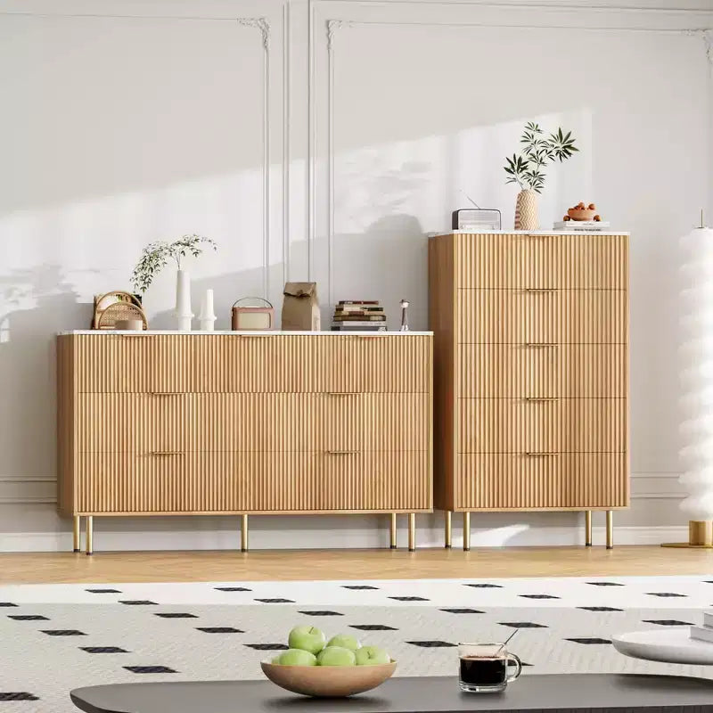 Weiß / Marmor & Holz Kommode mit 5 Schubladen – Geriffelte Platte, für 1 Person