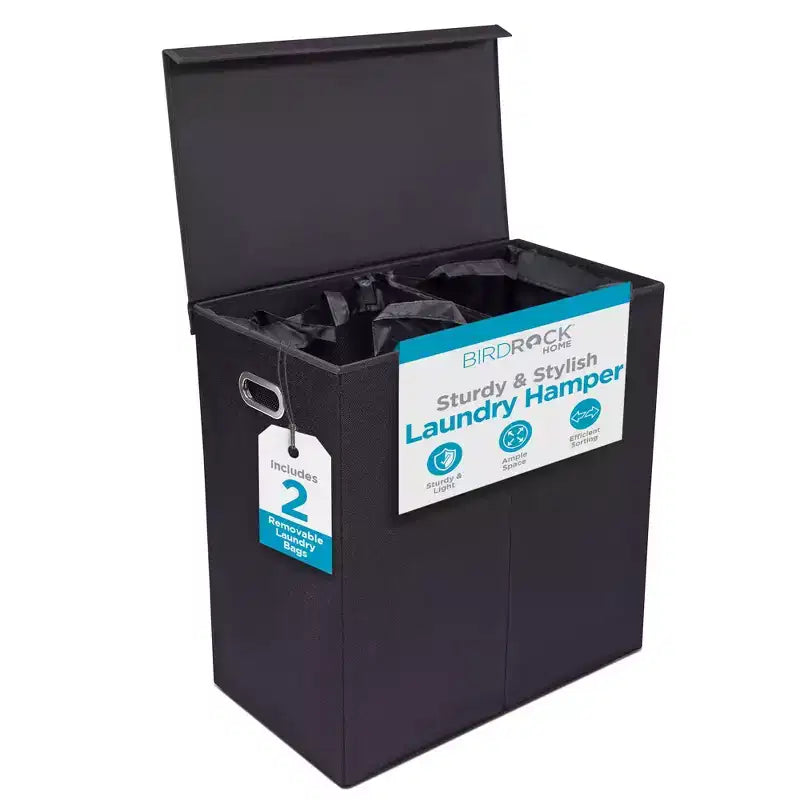 BirdRock Home Double Linen Laundry Hamper with Lid and Removable Liner - Black