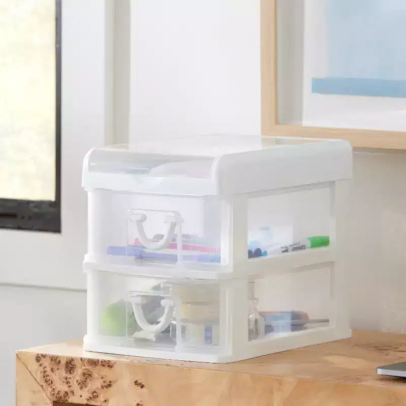 Gracious Living Klarer Mini-Schreibtisch- und Büro-Organizer mit 2 Schubladen und aufklappbarem Deckel zur Aufbewahrung von Kosmetika, Kunst-, Bastel- und Schreibwaren