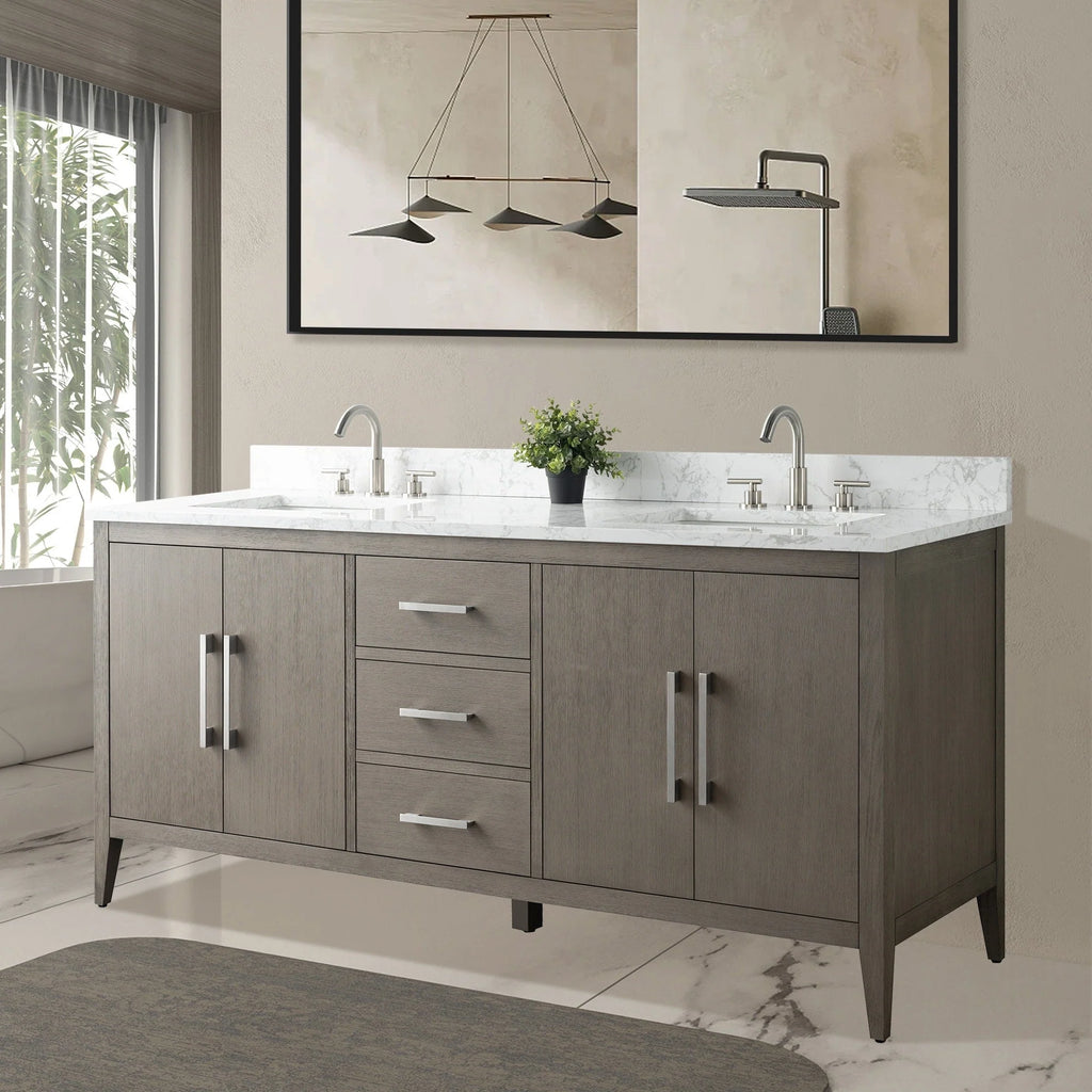 Vanity Art 72 Zoll Badezimmer-Waschtischunterschrank mit Doppelwaschbecken und Kunstmarmorplatte