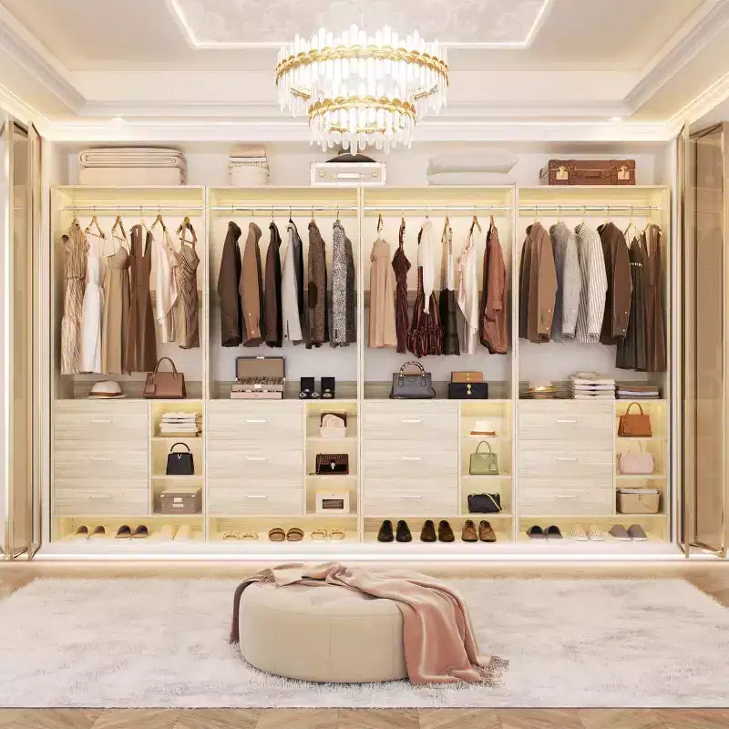 Besiost 4er-Set Kleiderschrank-Organizer mit Holzschubladen und Kleiderstangen