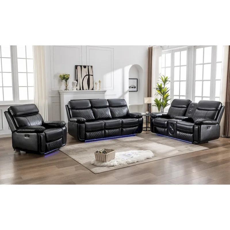 Elektrisches Liegesofa mit kabelloser Ladestation, Leselampe, LED-Beleuchtung für Wohnzimmer, Kunstleder, AC-/USB-Anschluss, Getränkehalter, Schwarz