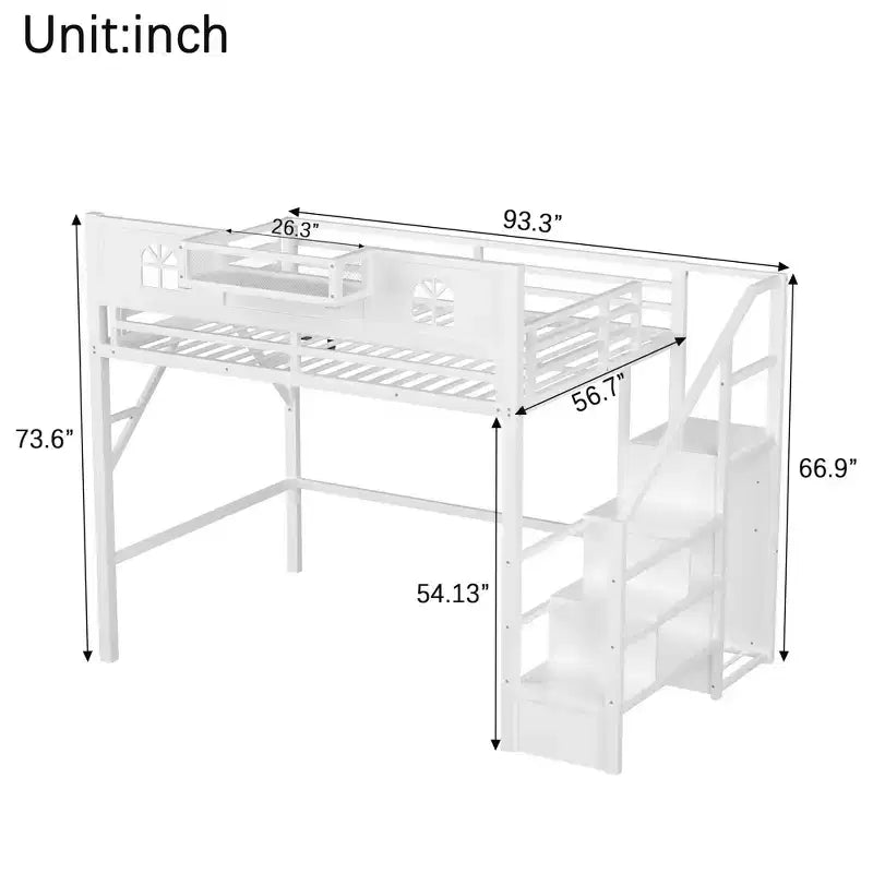 ModernLuxe Hochbett für Full/Queen-Betten mit Treppe und integriertem Kleiderschrank, Metallbettgestell mit LED-Beleuchtung, USB-Ladestation und Ablagefächern