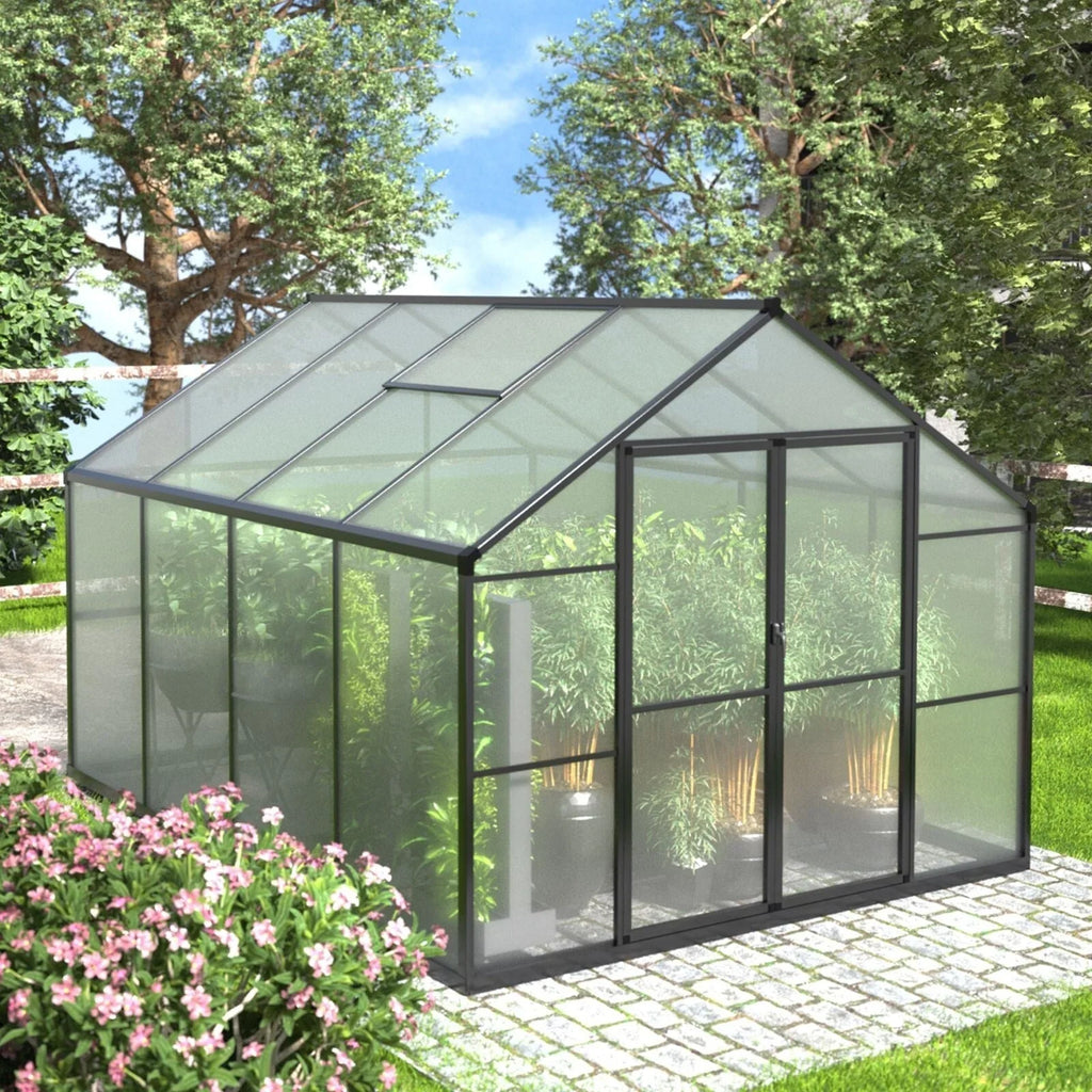 VEIKOUS Aluminium-Gewächshaus-Bausatz mit begehbarem Garten, verstellbarer Dachluke und abschließbarer Tür, Grau