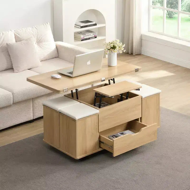Multifunktionaler moderner Couchtisch mit Hebefunktion, verstecktem Stauraum, 4 Hockern und Rollen, perfekt für moderne Wohnbereiche