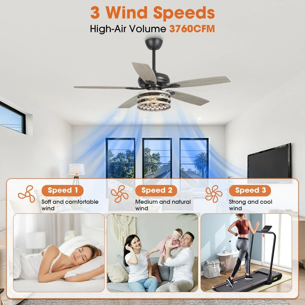 52 Farmhouse Driftwood 5-Flügel Deckenventilator mit Käfig in Schwarz und Fernbedienung