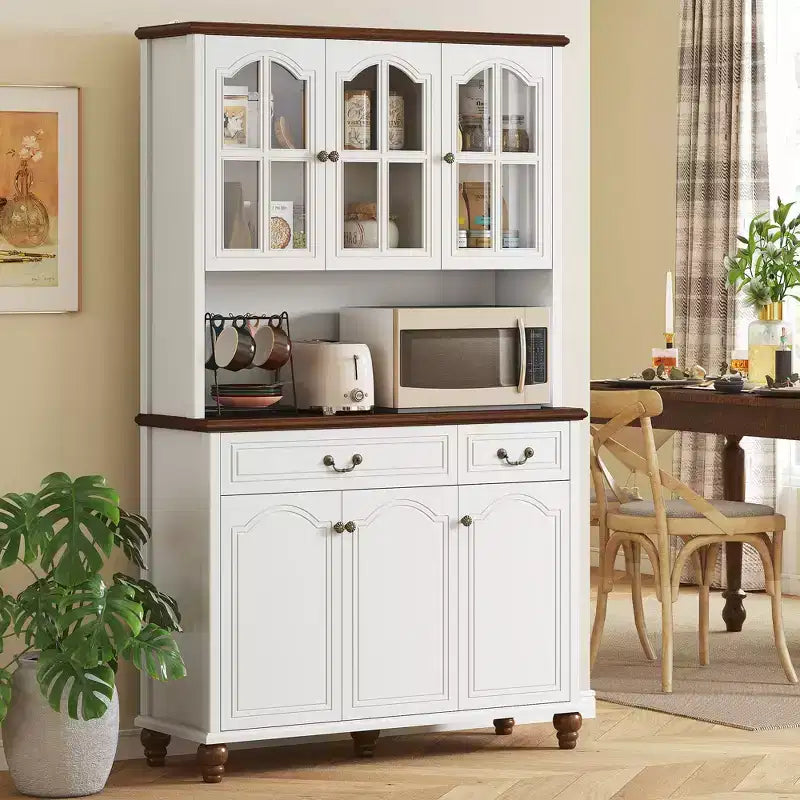 HOMCOM Kitchen Hutch Storage Cabinet with Antique Details, Feestanding Pantry Cabinet with 3-Level Adjustable Shelves, Dining Room Hutch, White