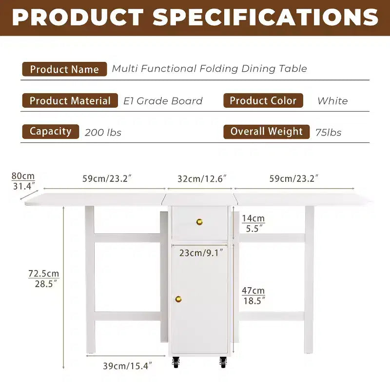 ATJafurn 59'' Klappbarer Esstisch mit Klappplatten für kleine Räume, rechteckiger, ausziehbarer Küchentisch aus Holz mit Rollen und Stauraum
