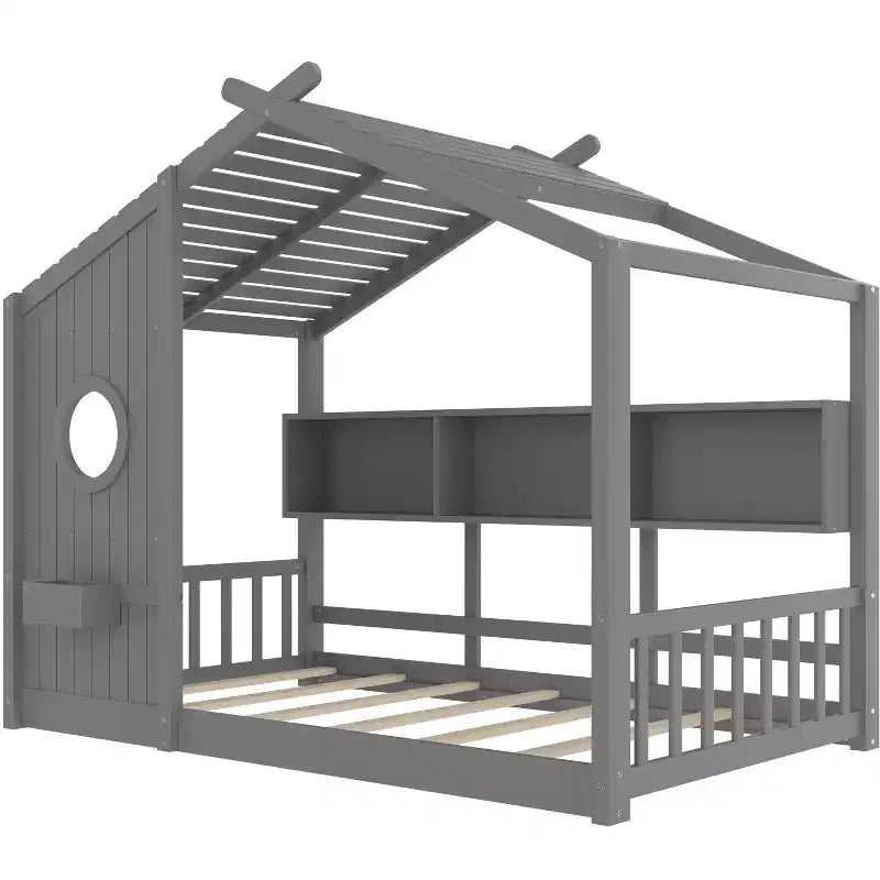 Bodenhausbett mit integrierten Ablageregalen & Lattenrost