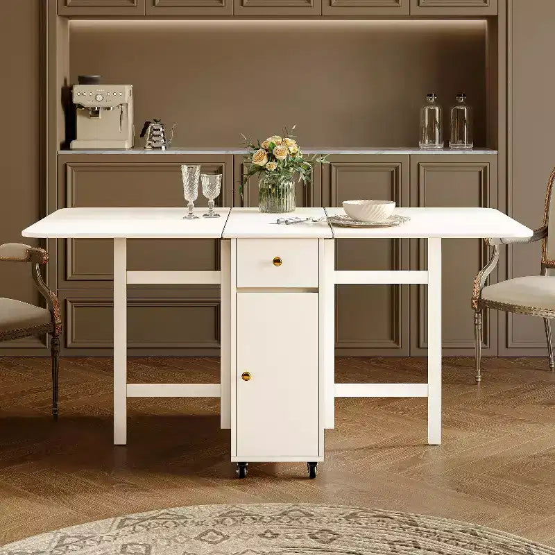 ATJafurn 59'' Klappbarer Esstisch mit Klappplatten für kleine Räume, rechteckiger, ausziehbarer Küchentisch aus Holz mit Rollen und Stauraum