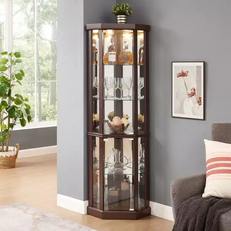Eck-Vitrine mit Glastüren und Regalen, Eck-Schaukasten für das Wohnzimmer