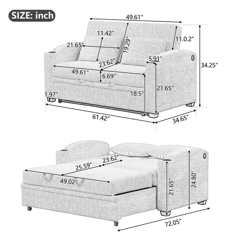 61.6 Modernes Chenille-Schlafsofa mit USB-Anschlüssen, Becherhaltern und verstellbarer Rückenlehne für Wohnzimmer, Apartment
