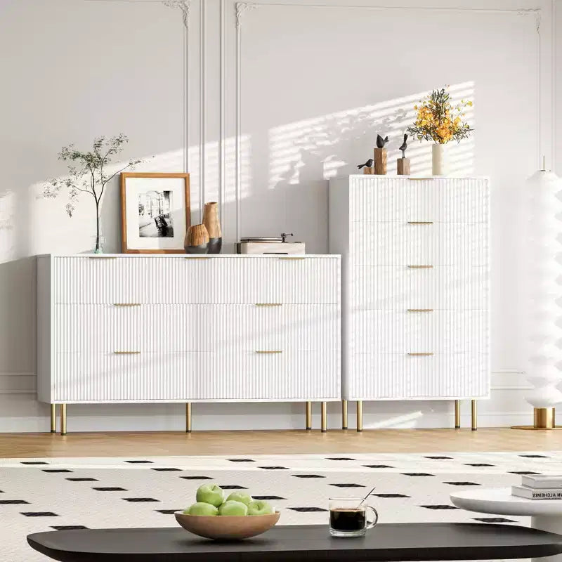 Weiß / Marmor & Holz Kommode mit 5 Schubladen – Geriffelte Platte, für 1 Person