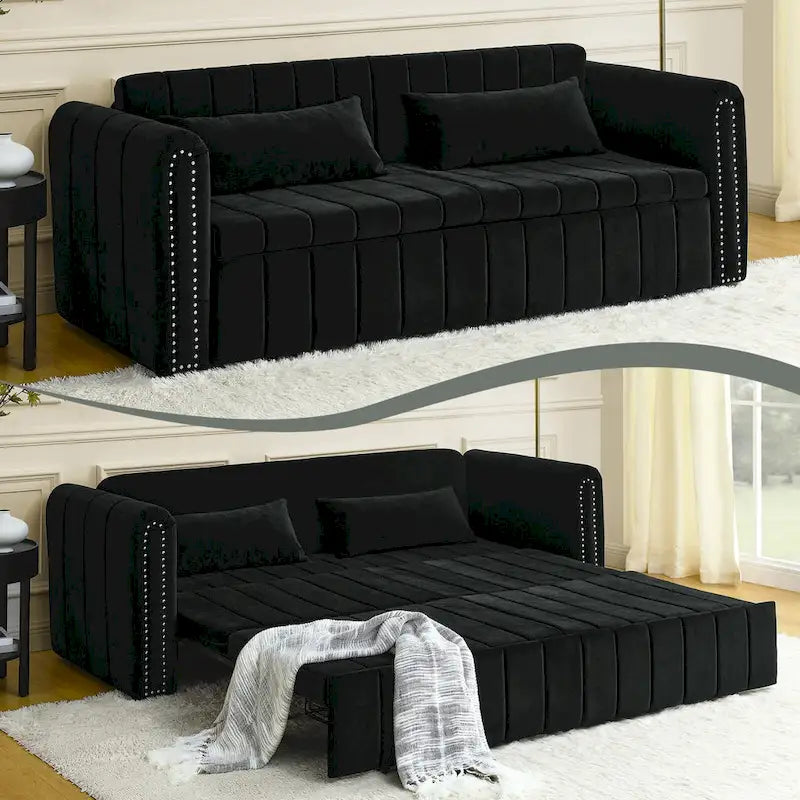 Modernes Schlafsofa aus Samt mit Rollarmen, verziert mit Kupfernägeln