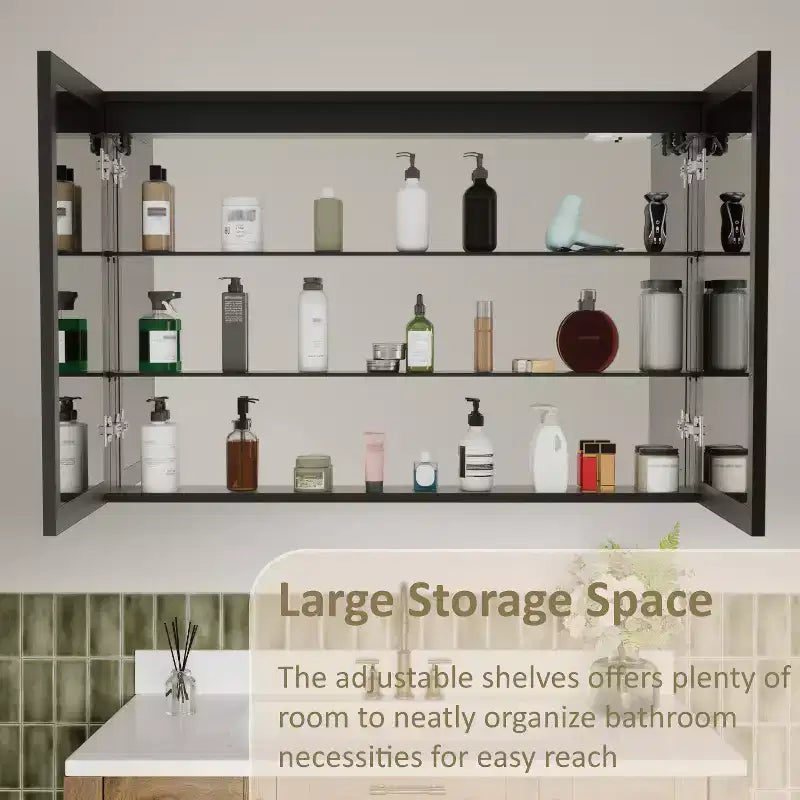 Badezimmer-Medizinschrank mit LED-Spiegel, Auf- oder Unterputzmontage, dimmbares Licht, Antibeschlagfunktion, verstellbare Ablagen