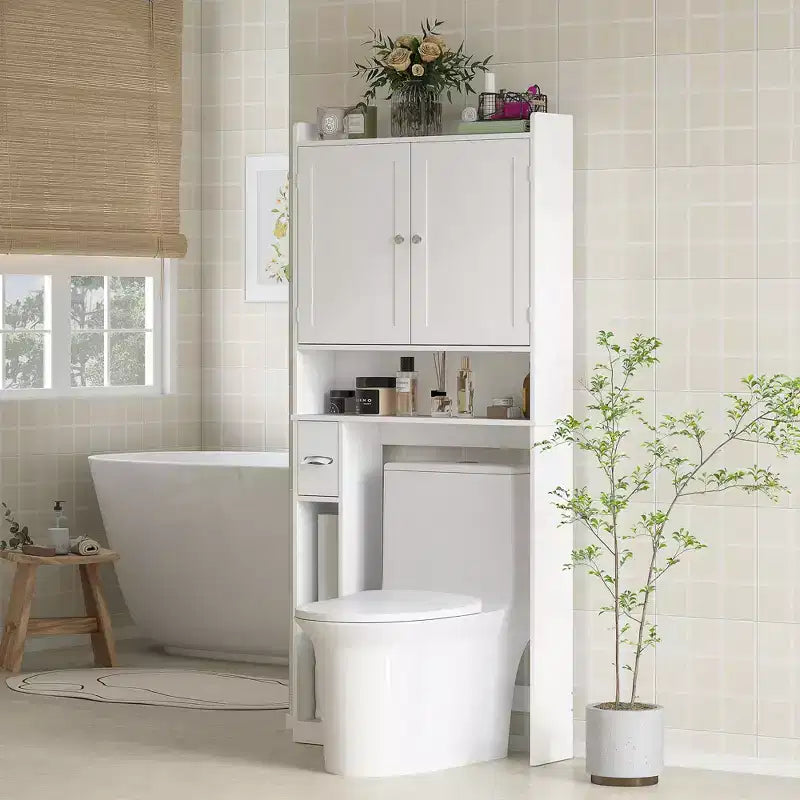 HOMCOM Überbau für die Toilette, moderner Badezimmer-Organizer mit 2 Türen, Toilettenpapierhalter, freistehendes Platzsparwunder