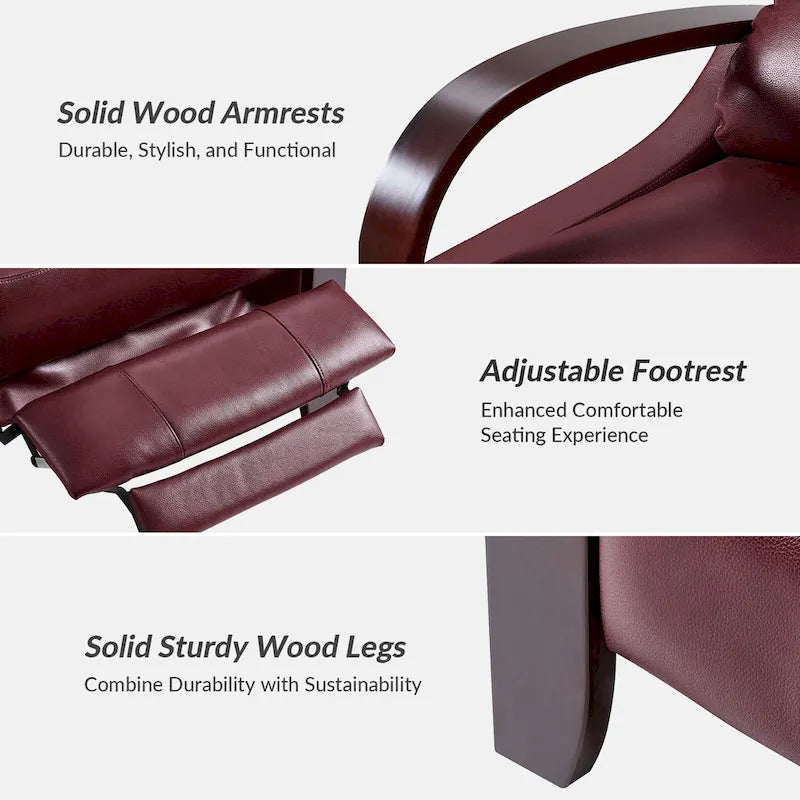 Alex Mid-Century Modern Zigarren-Sessel aus echtem Leder mit manueller Relaxfunktion und geschwungenen Holzarmlehnen