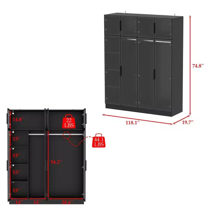 Hitow Pure Black Luxus-Kleiderschrank mit Türen aus gehärtetem Glas, 3-Farben-LED-Beleuchtung, vom Boden bis zur Decke reichender Schlafzimmerschrank-Organizer, Ankleidezimmerschrank