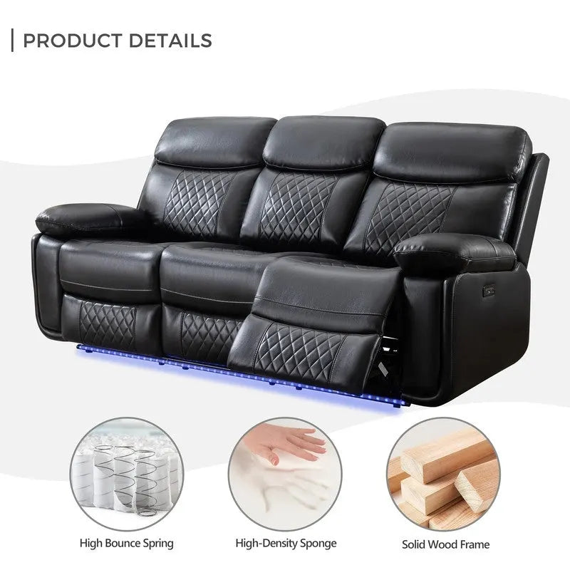 Elektrisches Liegesofa mit kabelloser Ladestation, Leselampe, LED-Beleuchtung für Wohnzimmer, Kunstleder, AC-/USB-Anschluss, Getränkehalter, Schwarz