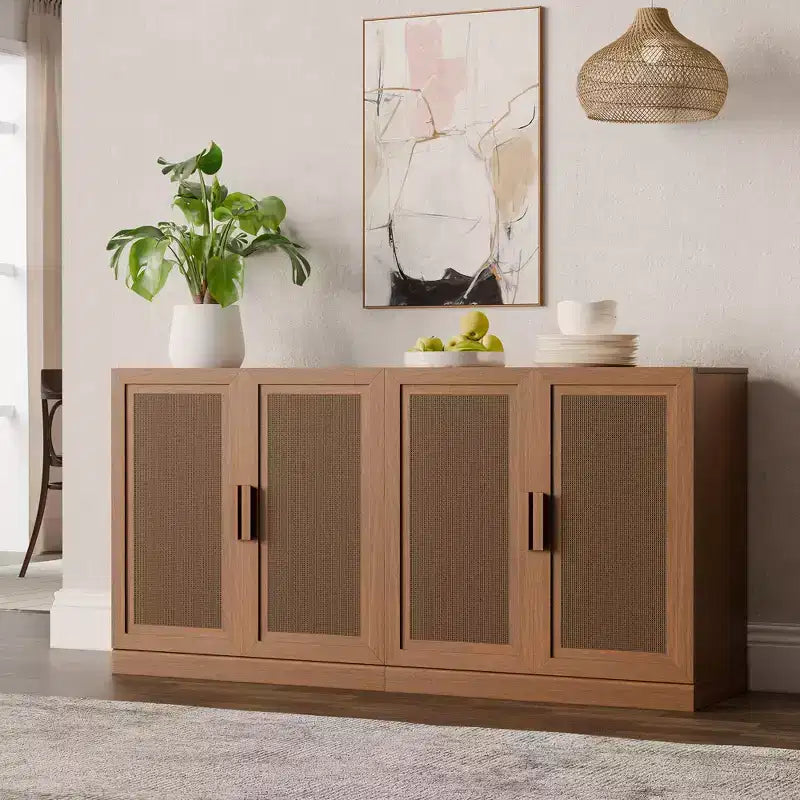 3er-Set Rattan-Tür-Sideboard-Buffet-Aufbewahrungsschränke mit verstellbaren Einlegeböden – 93Lx31H