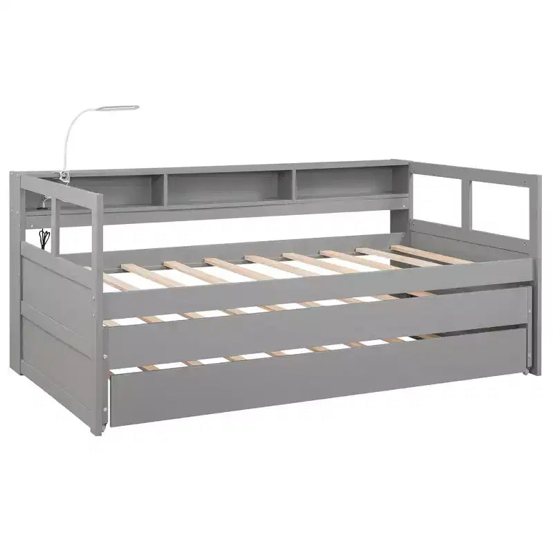 Whisen Twin XL Tagesbett aus Holz mit 2 Ausziehbetten, 3 Staufächern, 1 kostenloser Leuchte und USB-Ladefunktion